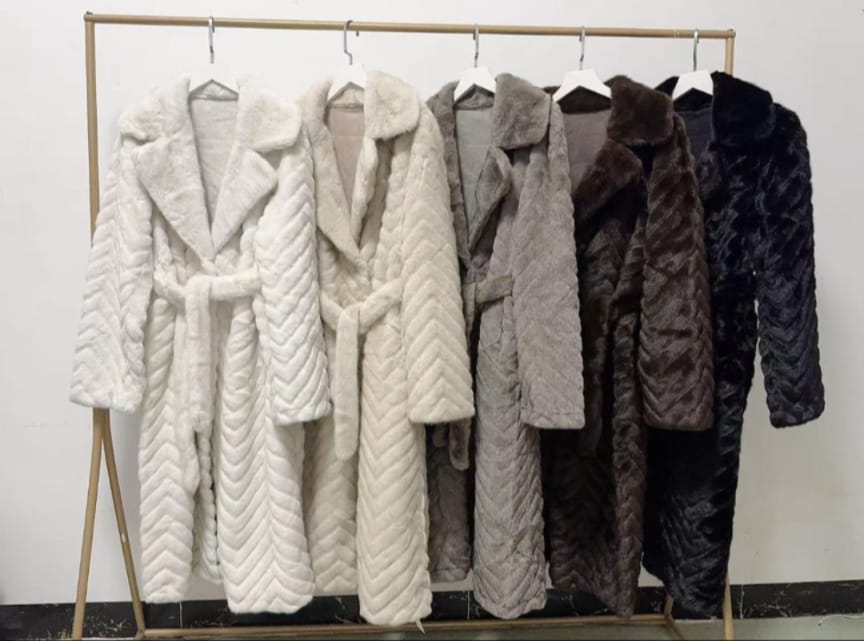 Chevron Long Belted Faux Fur Coat