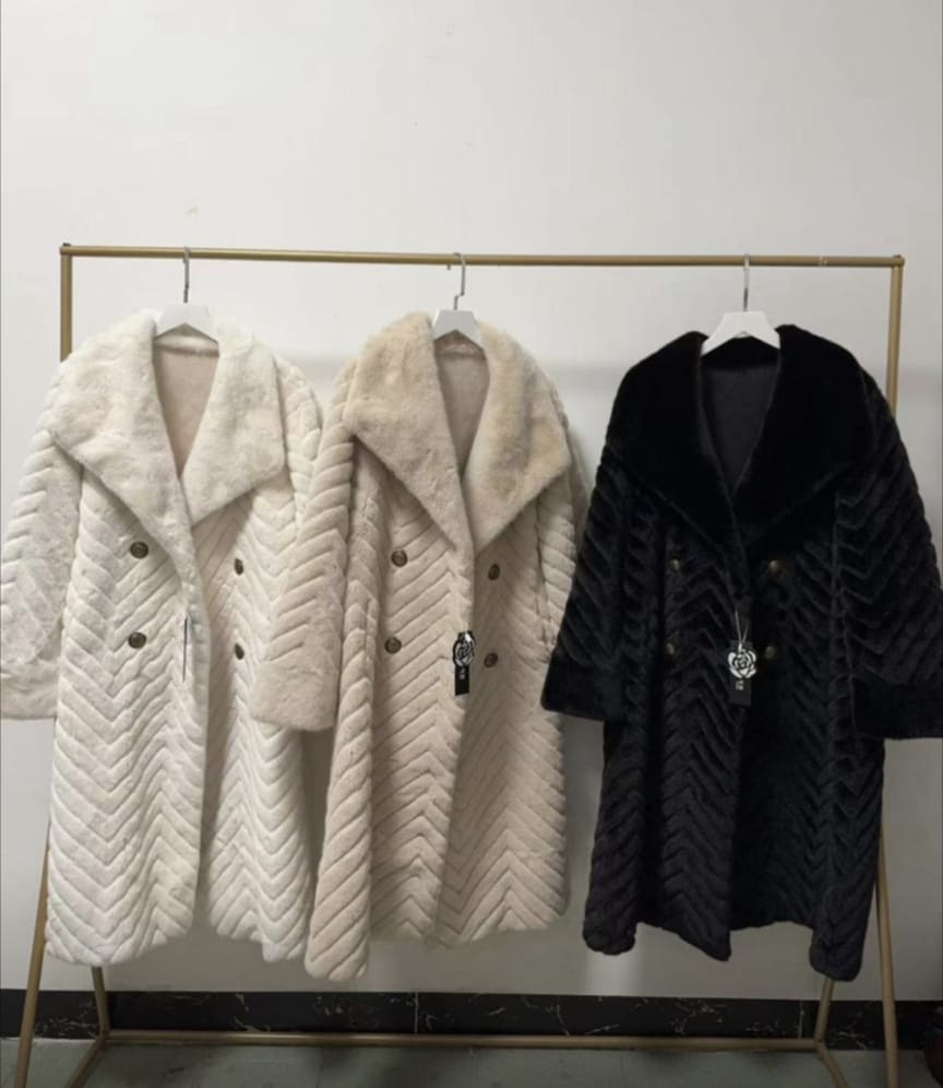 Chevron Large Collar Faux Fur Coat