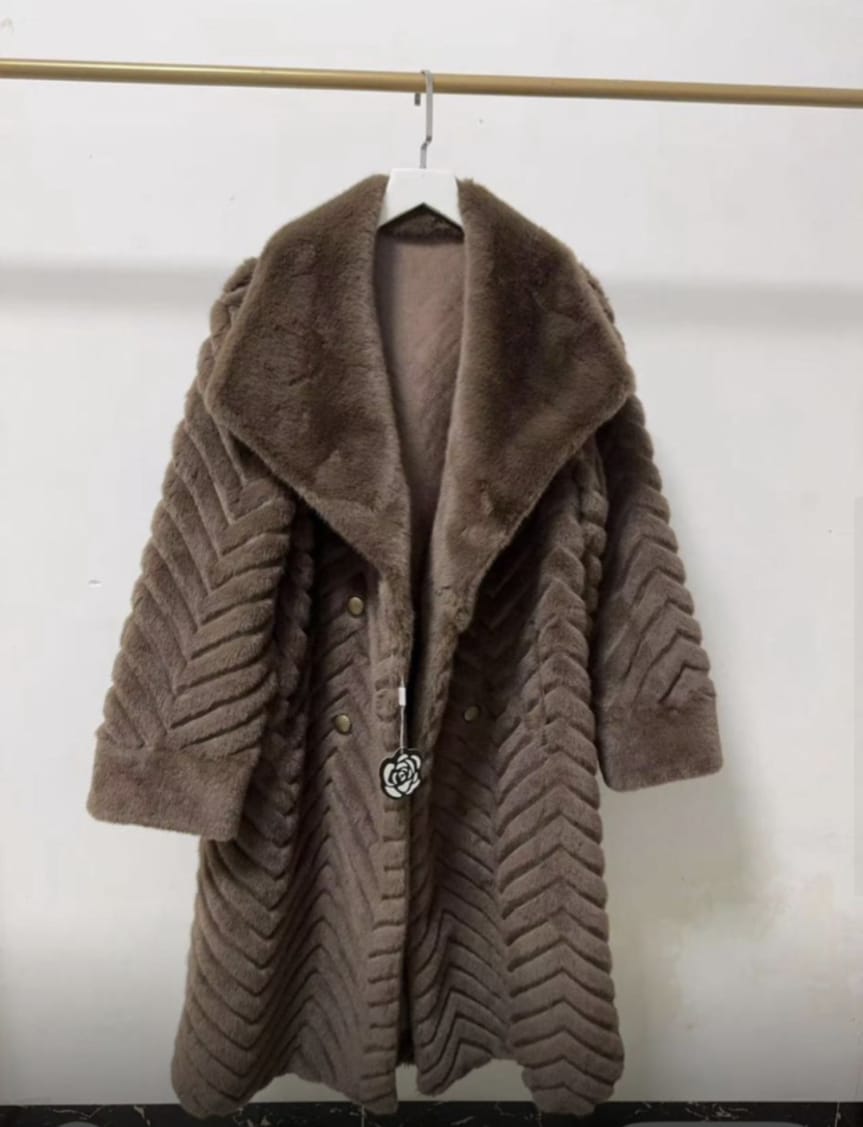 Chevron Large Collar Faux Fur Coat
