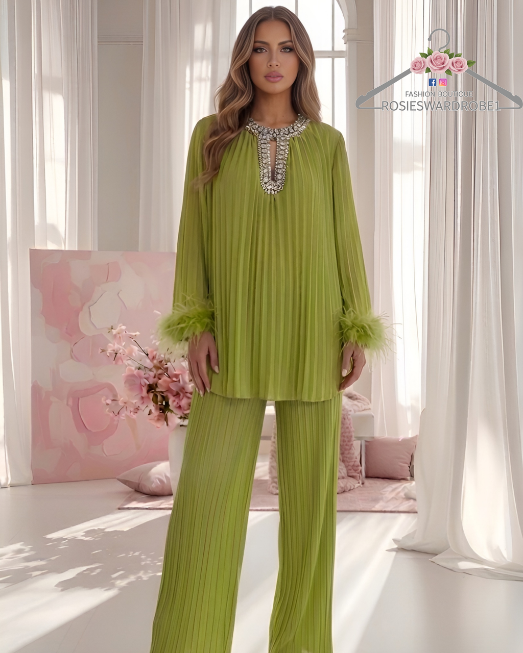 Sequin Feather Trousers Set