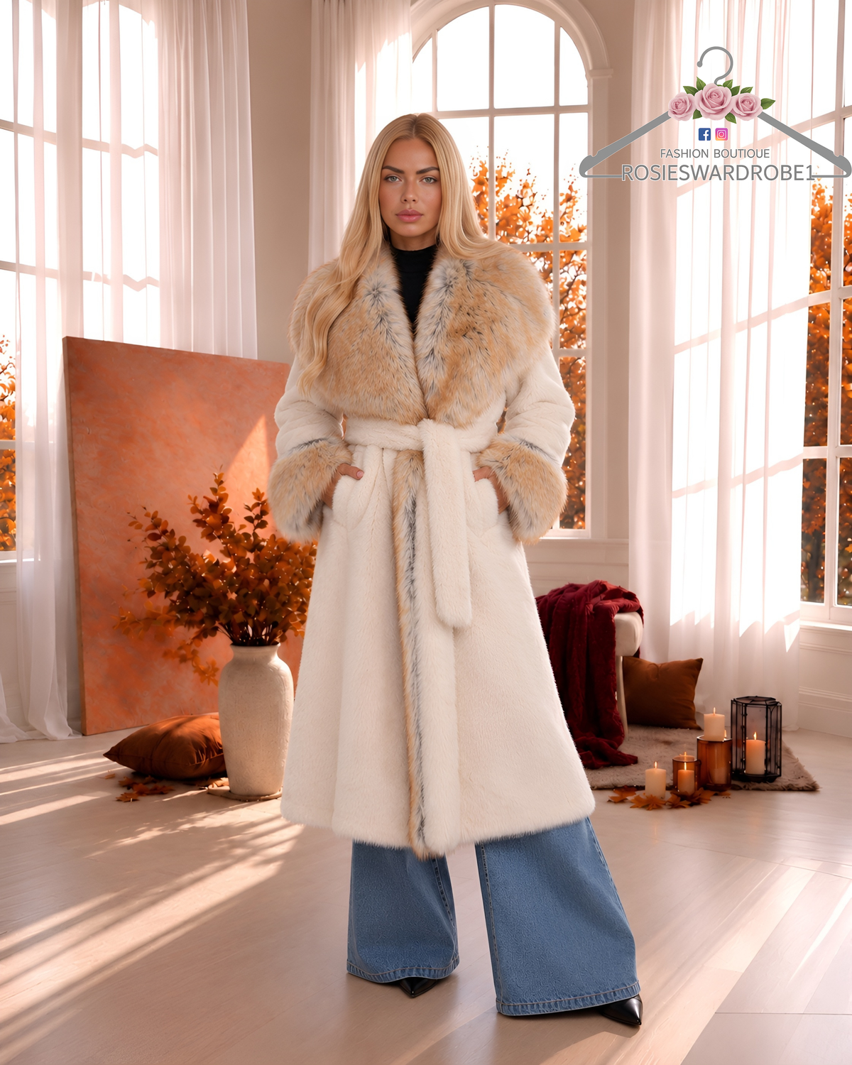 Large Collar Tan & Cream Fur Coat